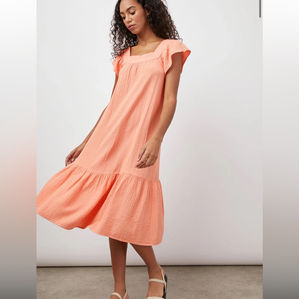 Rails Skylar Peach Amber Midi Gauze Dress w Ruffle Short Sleeves Beachy Cotton S